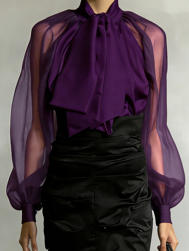 Women's French Retro Style Flowy Collar Slightly Sheer Puff Sleeve Loose Shirt