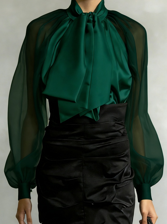 Women's French Retro Style Flowy Collar Slightly Sheer Puff Sleeve Loose Shirt