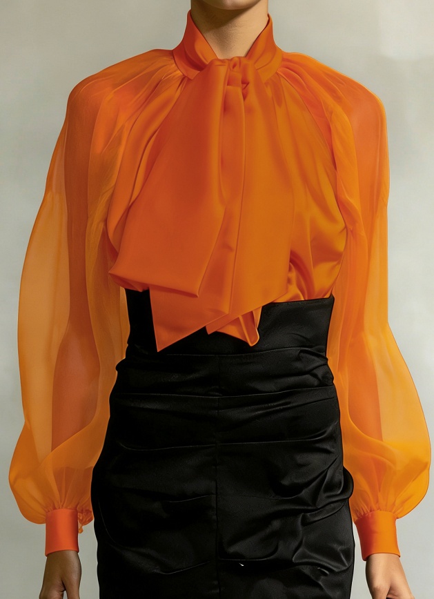 Women's French Retro Style Flowy Collar Slightly Sheer Puff Sleeve Loose Shirt