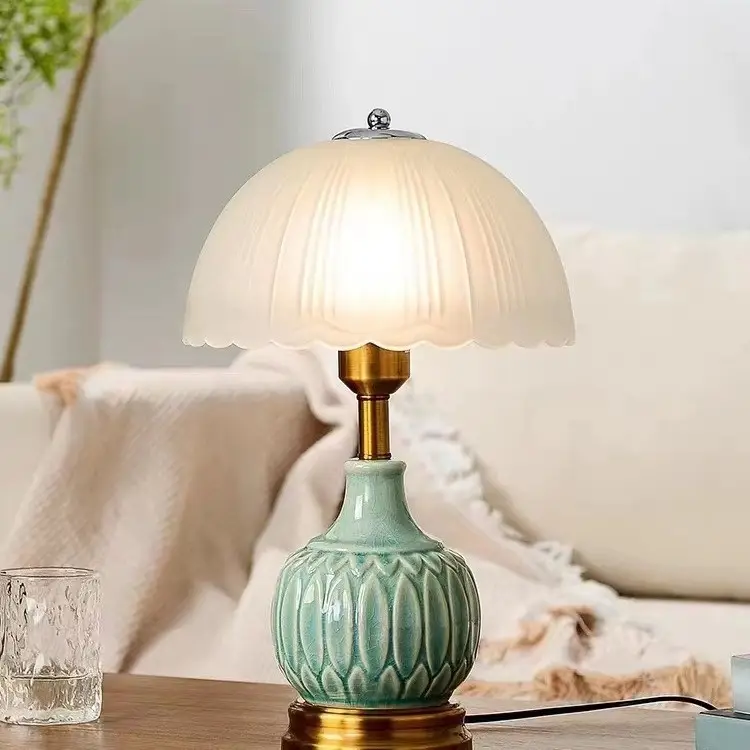 European-style Table Lamp With A Vintage, Rustic Ceramic And Glass Design