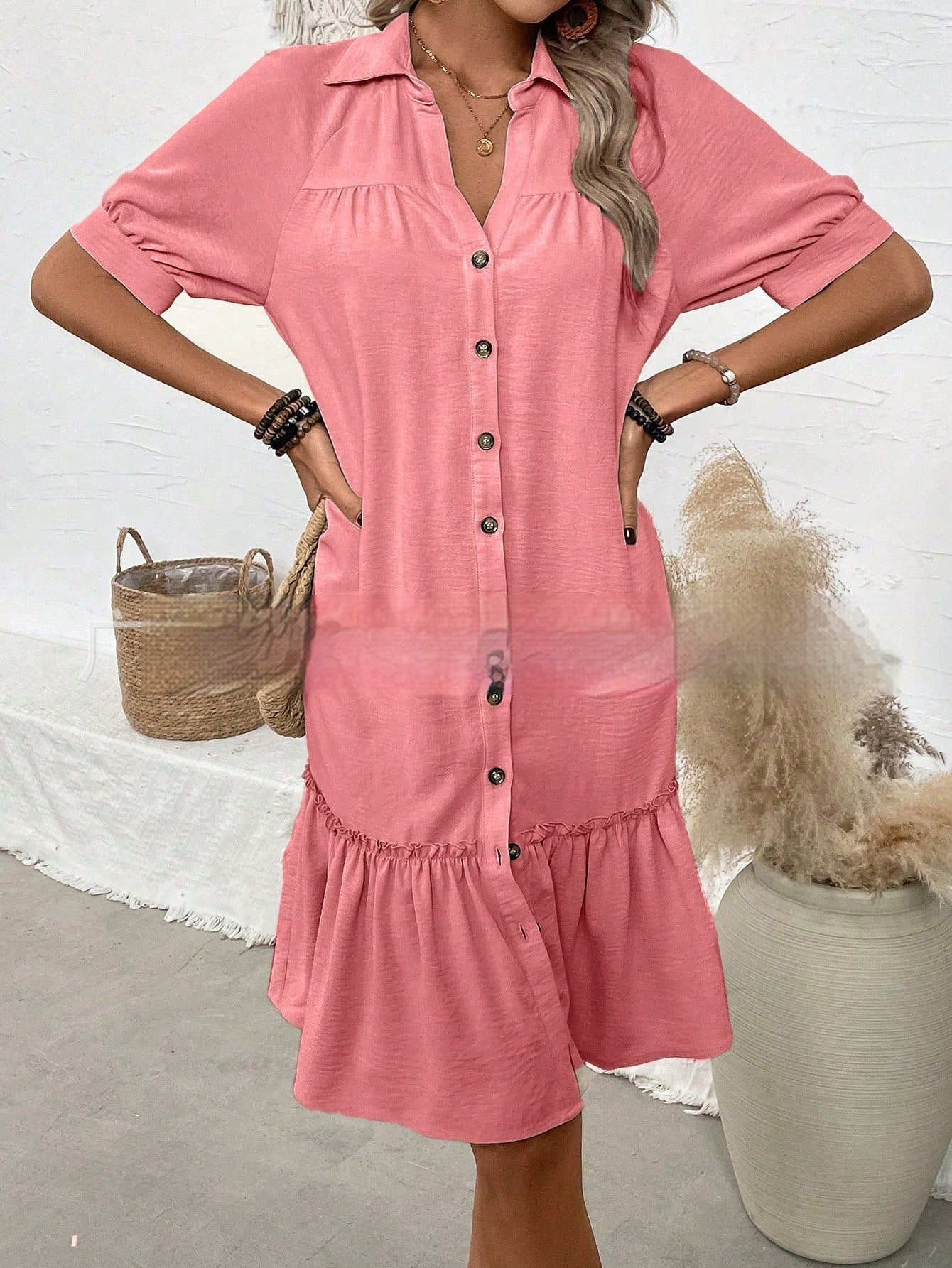 Womens Solid-Color Single-Breasted New Puff-Sleeve Dress