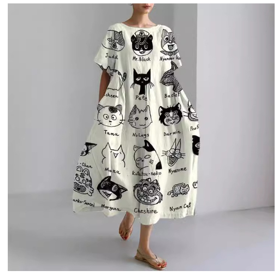 Casual Round-Neck Fashionable Short-Sleeve Printed Dress For Cats