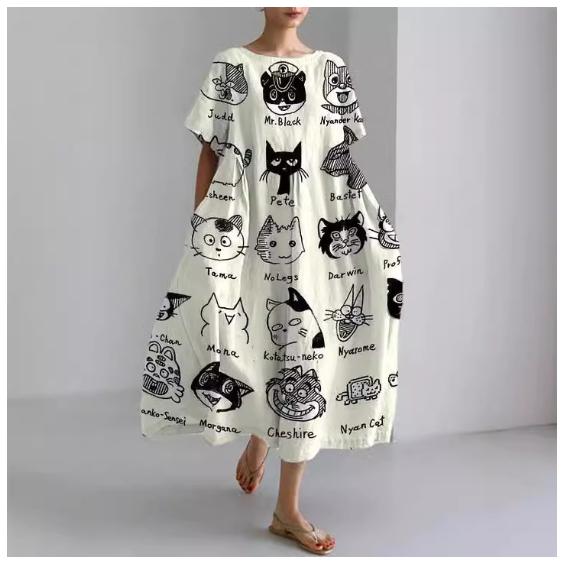 Casual Round-Neck Fashionable Short-Sleeve Printed Dress For Cats