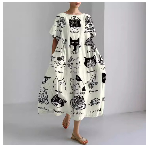 Casual Round-Neck Fashionable Short-Sleeve Printed Dress For Cats