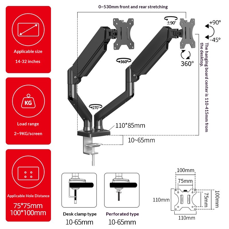 Dual-monitor Stand With Integrated Bracket, Desktop Base, And Cantilever Arm