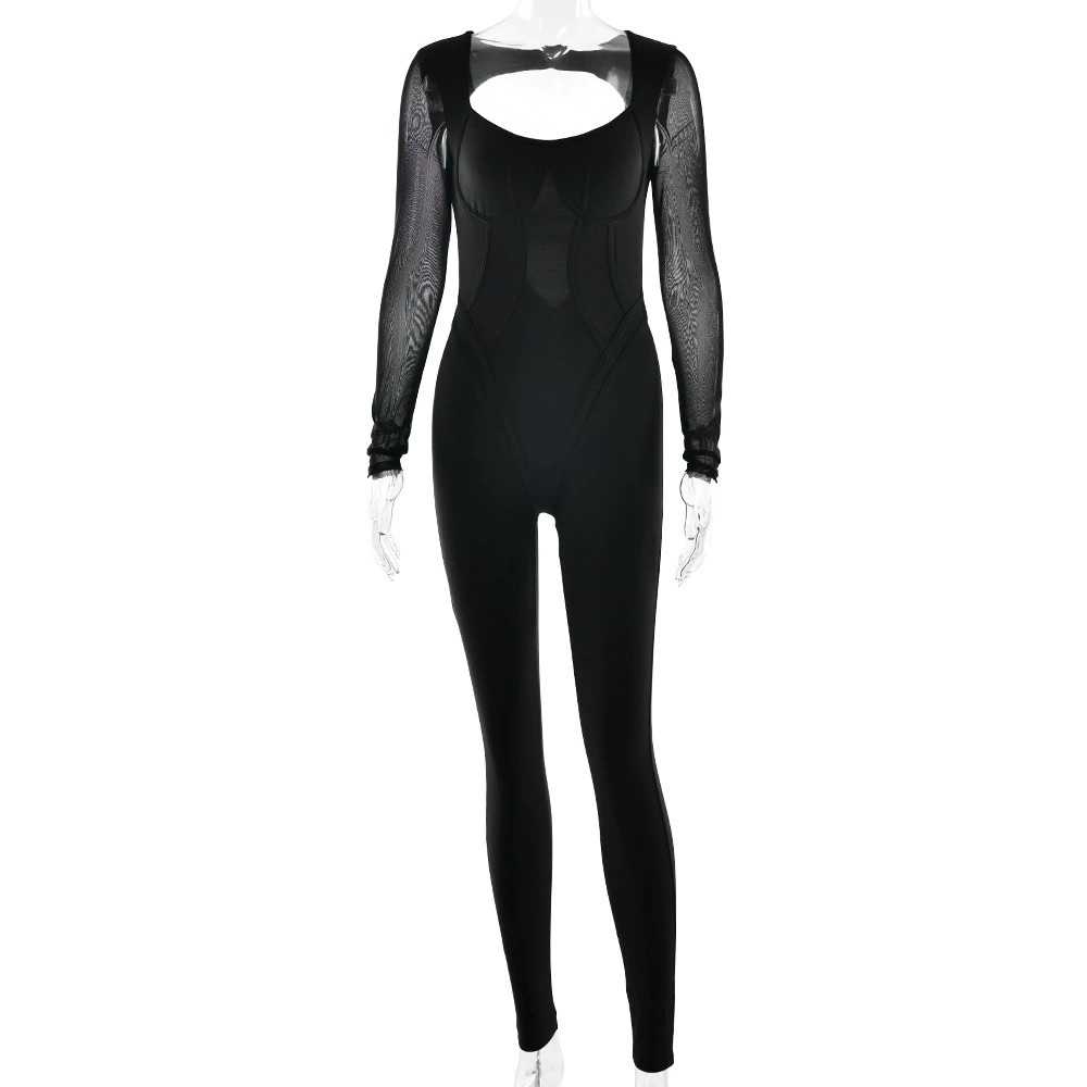 Womens Solid-Color High-Elastic Tight-Fitting Long-Sleeve Sports Jumpsuit