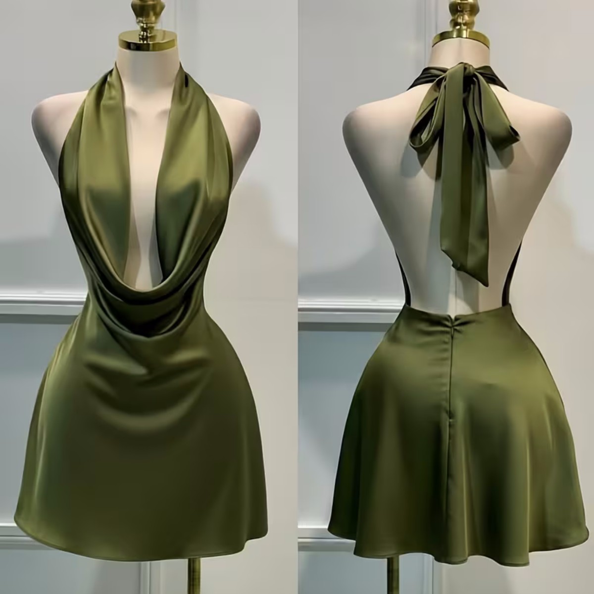 Ladies Elegant Solid Color Satin Back Zipper Dress