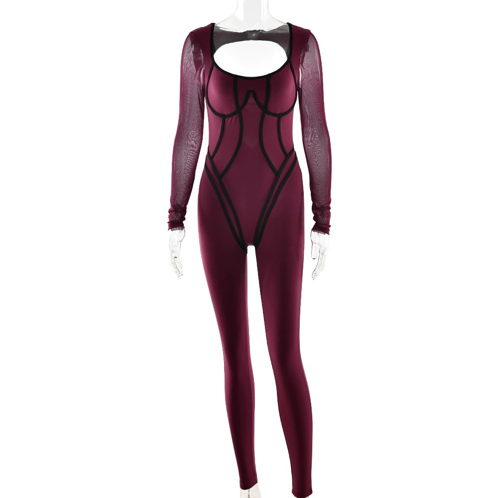Womens Solid-Color High-Elastic Tight-Fitting Long-Sleeve Sports Jumpsuit