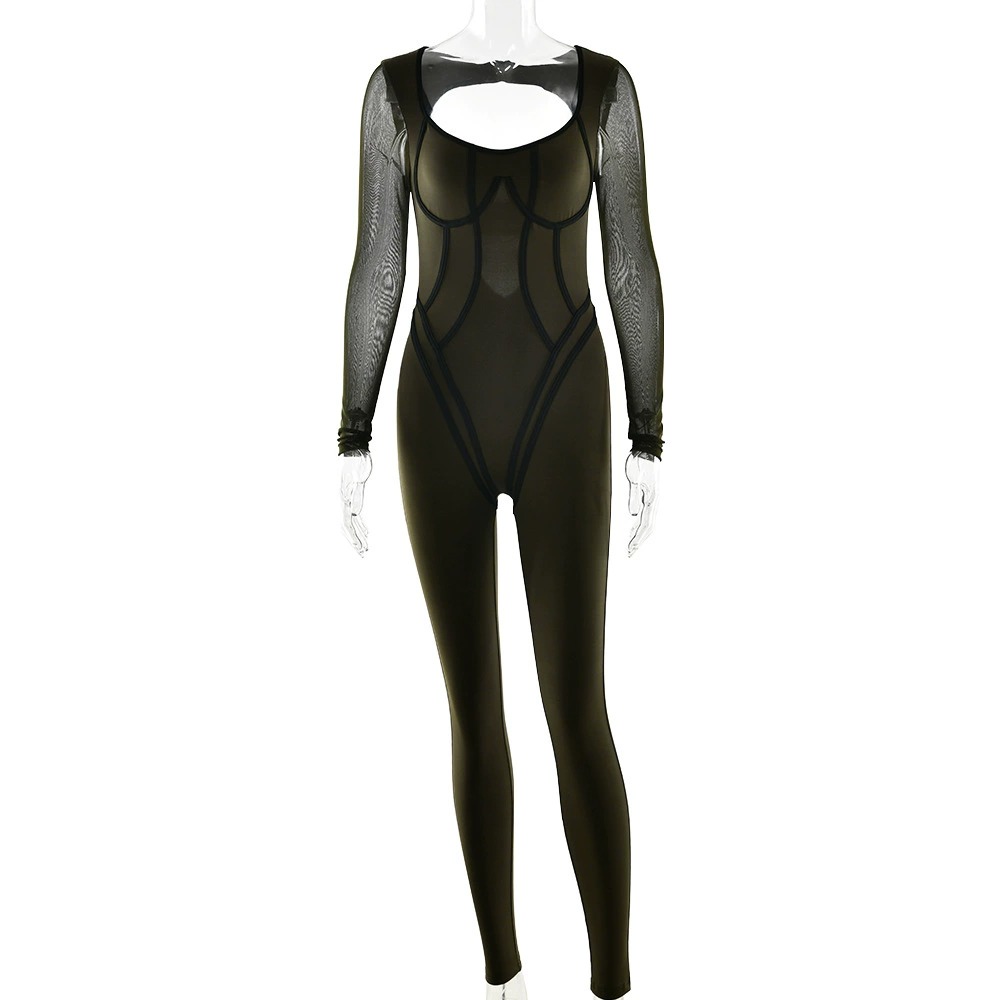 Womens Solid-Color High-Elastic Tight-Fitting Long-Sleeve Sports Jumpsuit
