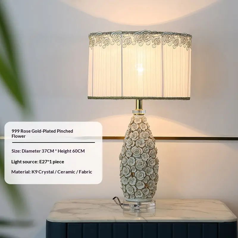 European-style Living Roomstudy Rose-gold-trimmed Remote-controlled Ceramic Table Lamp