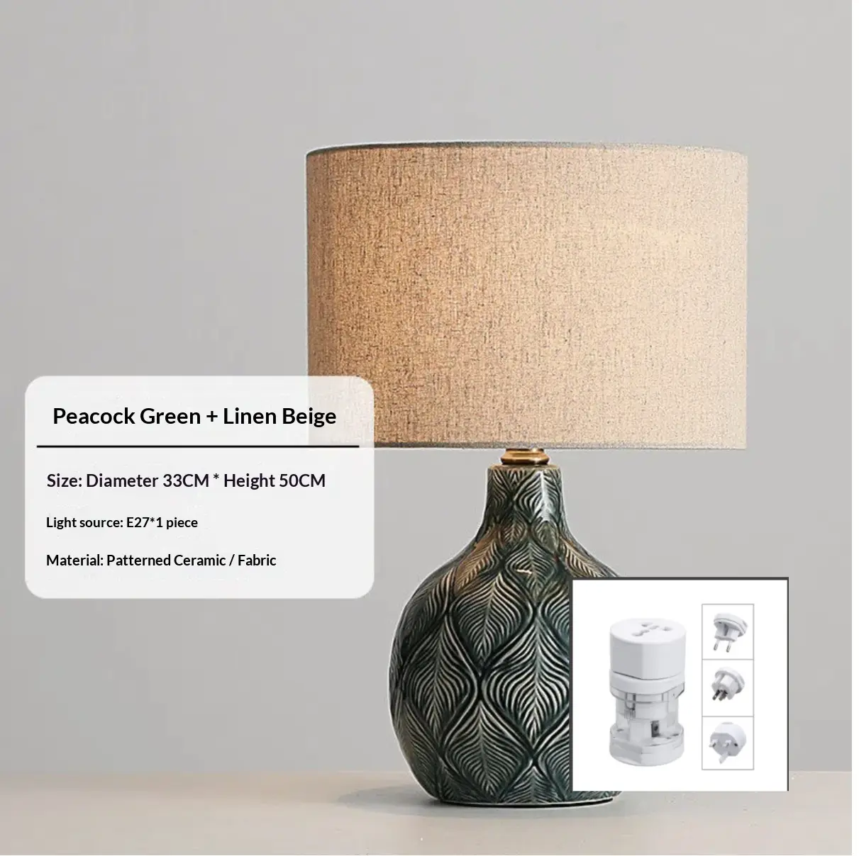 New Peacock Green Feather-Pattern Light-Luxury Ceramic Table Lamp