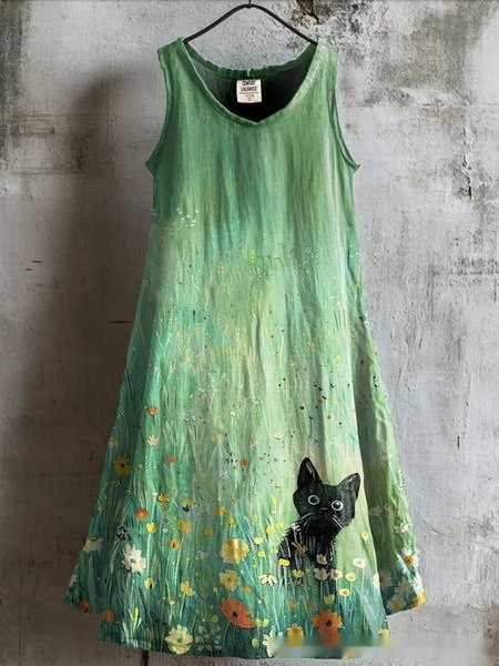 Womens Sleeveless V-Neck 3D Printed Dress