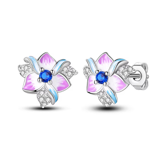 Pink-purple Iris Hoop Folded-ear Bunny Ear Jewelry Niche-design Copper-plated Silver Earrings