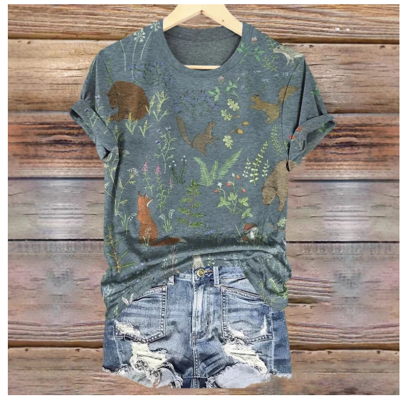 Fashionable Printed Slim-Fit Short-Sleeve Womens Top