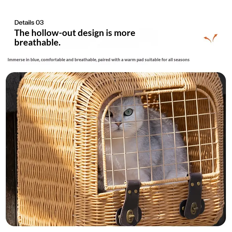 Portable Woven Rattan Cat Carrier With Ventilation And A Pull Handle For Outings