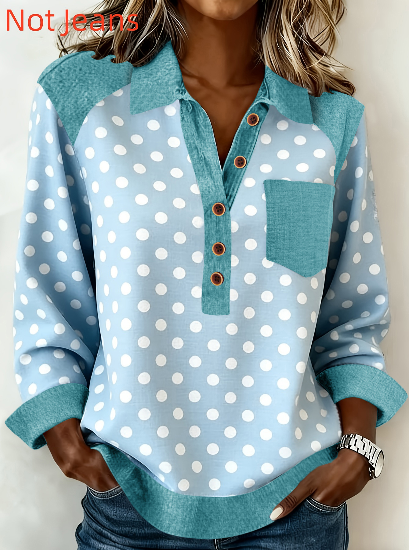 Denim Patchwork Collar Button-down Casual Long-sleeved Top