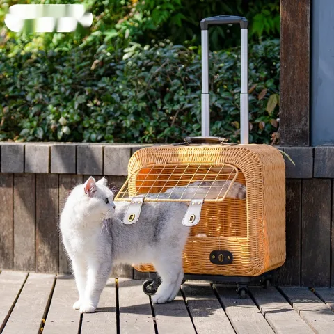 Portable Woven Rattan Cat Carrier with Ventilation and
