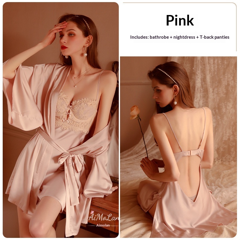 Womens Plus-Size Lace Ice Silk Underwire Camisole Bathrobe Set