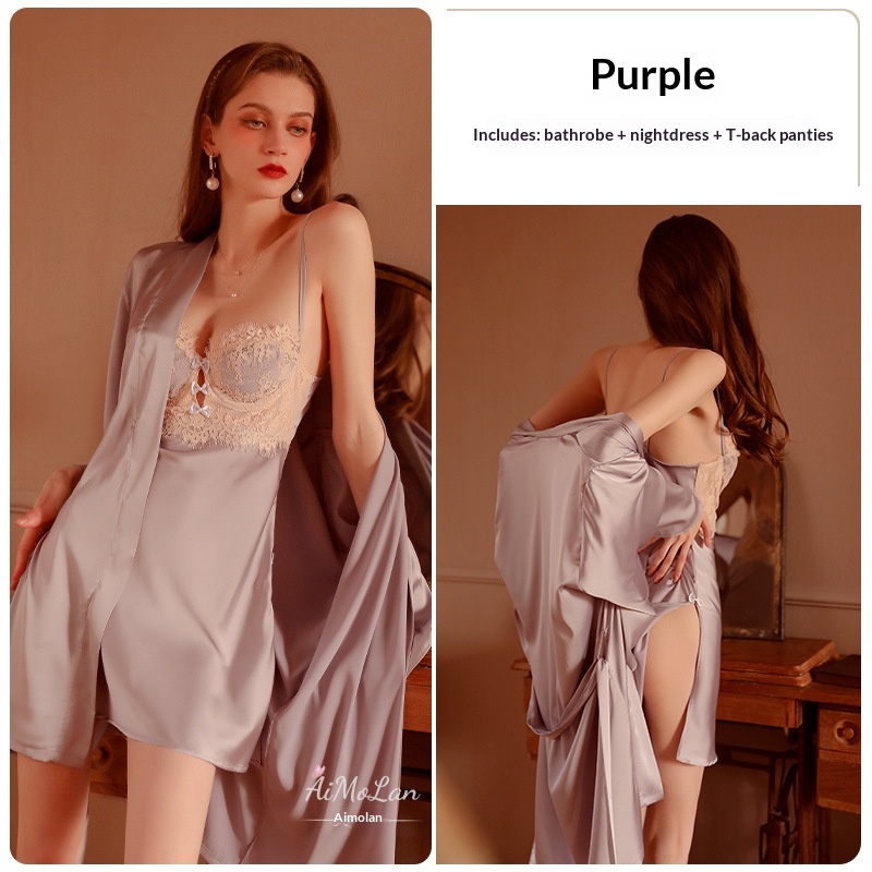 Womens Plus-Size Lace Ice Silk Underwire Camisole Bathrobe Set