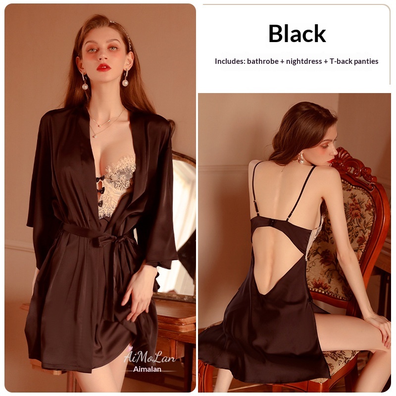 Womens Plus-Size Lace Ice Silk Underwire Camisole Bathrobe Set