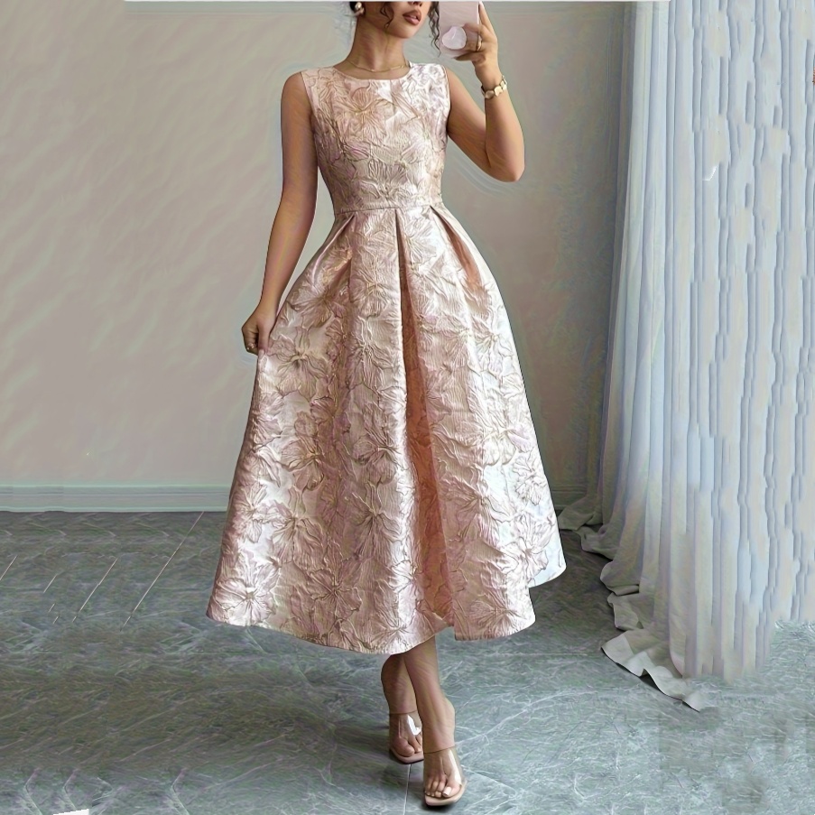 Womens Floral Jacquard Sleeveless Crew-Neck Dress