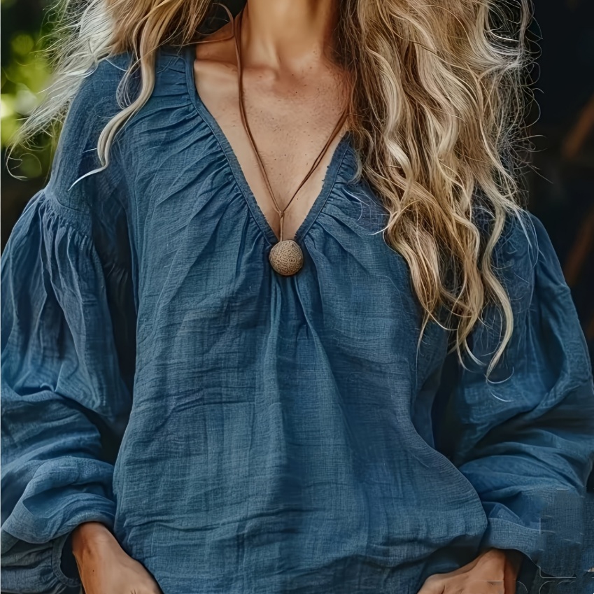 Womens Simple Relaxed-Fit Long-Sleeve Linen Top