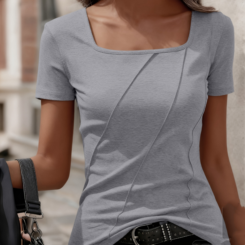 Womens Solid-Color Notch-Neck Short-Sleeve T-Shirt Top