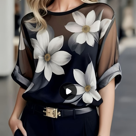 Elegant Ladies' Crew Neck Floral Chiffon Shirt