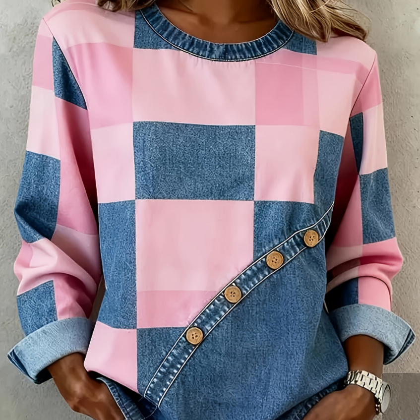 Womens Light Blue Plaid-Panelled Sweatshirt