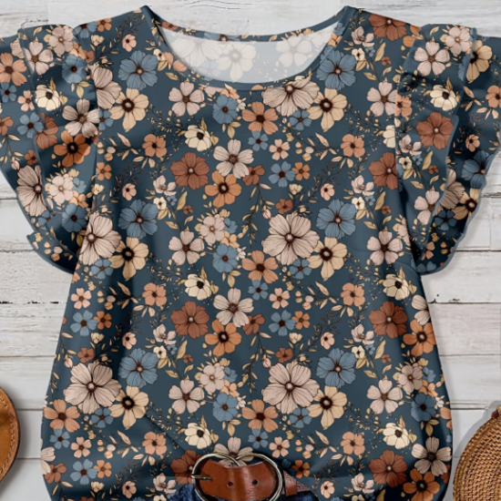 Elegant Women's Vintage Floral Print Round Neck Ruffle Trim Shirt