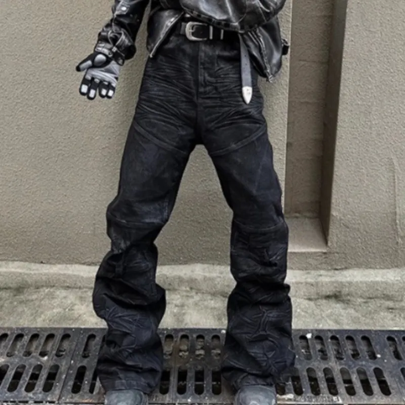American-style Raw-edge Slim-fit Pleated Slightly Flared Denim