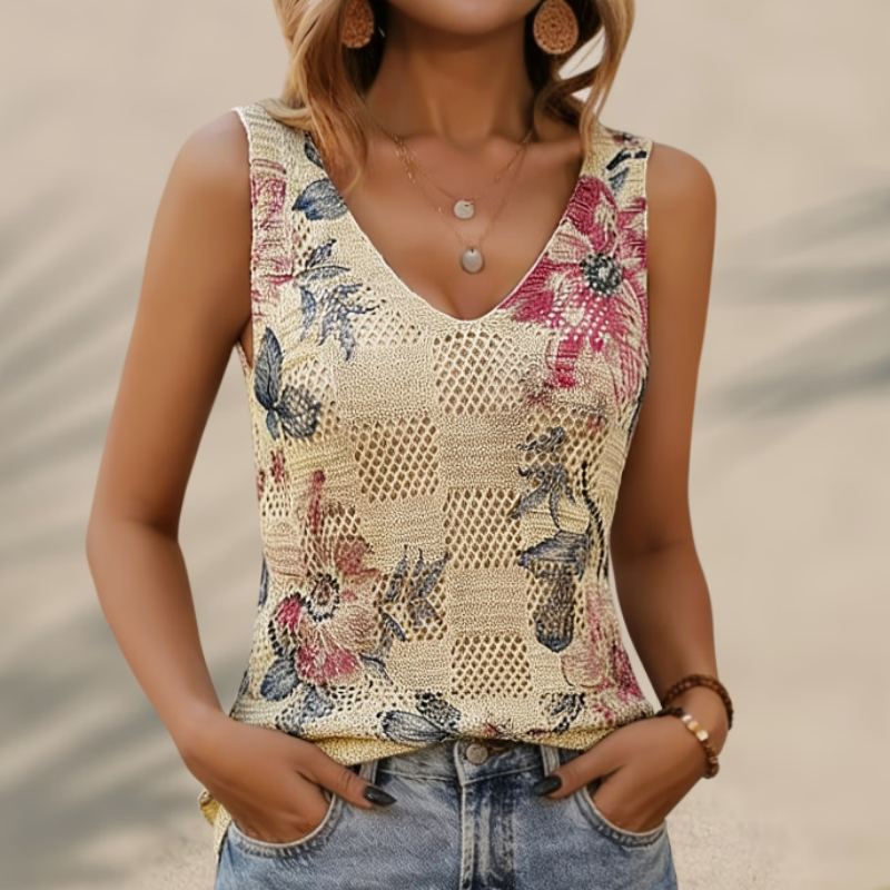 Floral-print Sleeveless Hollow-out Knit Sweater Vest