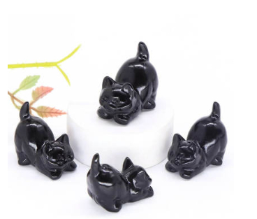 Natural Crystal Semi-precious Stone Carved CatobsidiaWith A Raised Tail And Lying-down Pose