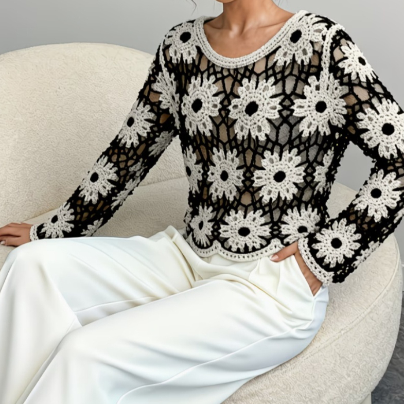 Womens Crochet Hollow-Out Knitted Pullover Top With Long Sleeves