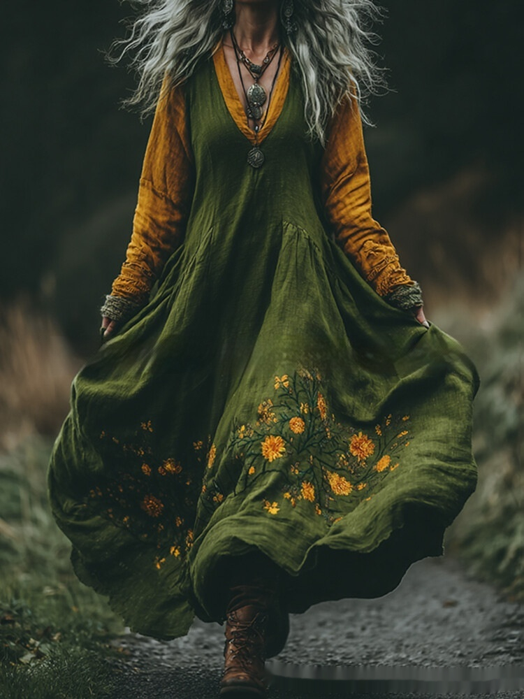 Womens Retro Bohemian Rose-Embroidered Loose Linen Maxi Dress