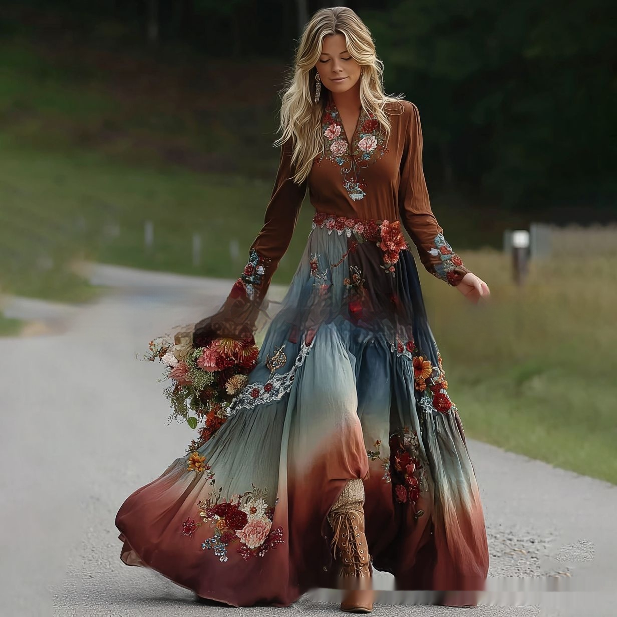 Womens Retro Bohemian Rose-Embroidered Loose Linen Maxi Dress