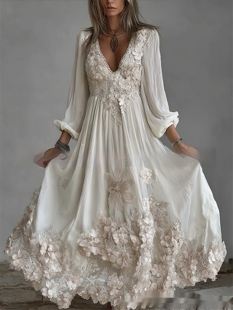 Womens Retro Bohemian Rose-Embroidered Loose Linen Maxi Dress