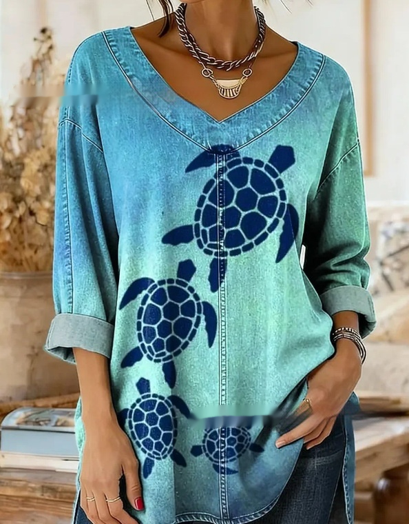 Retro Botanical Print Relaxed-fit Long-sleeve Casual Top