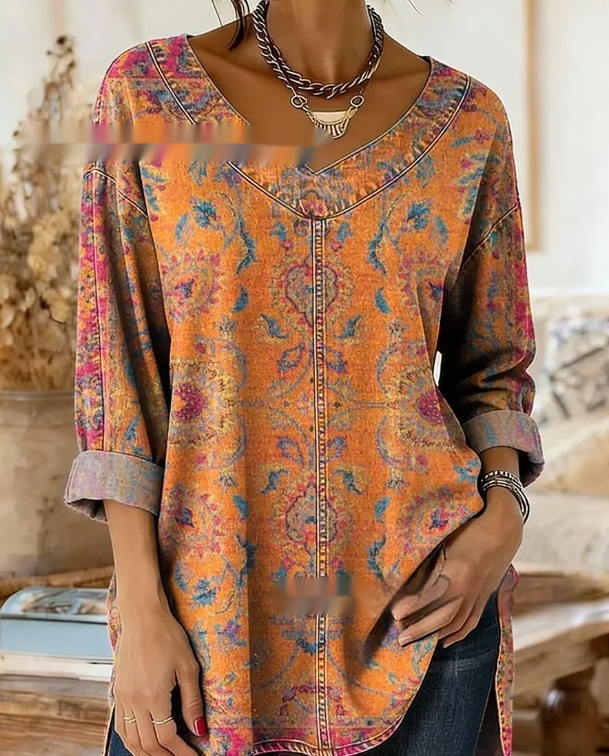 Retro Botanical Print Relaxed-fit Long-sleeve Casual Top