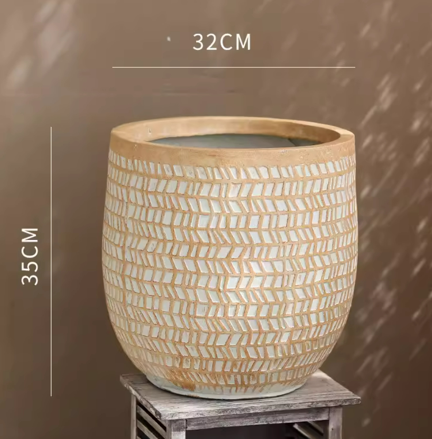 Vintage Distressed Round Magnesium Clay Flower Pot With Large Opening