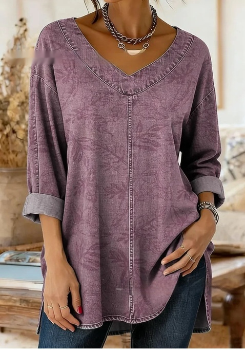 Retro Botanical Print Relaxed-fit Long-sleeve Casual Top