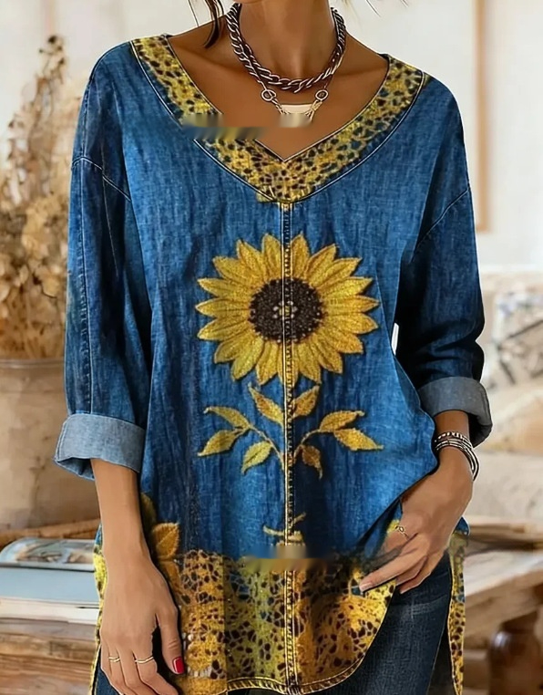 Retro Botanical Print Relaxed-fit Long-sleeve Casual Top