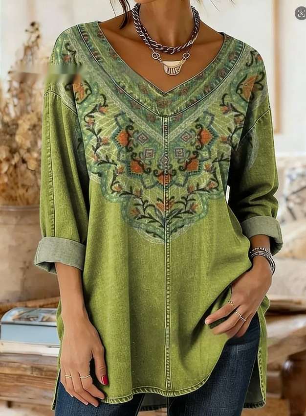 Retro Botanical Print Relaxed-fit Long-sleeve Casual Top