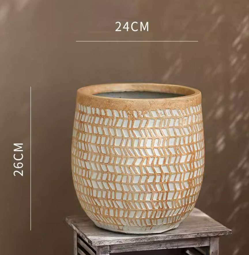 Vintage Distressed Round Magnesium Clay Flower Pot With Large Opening
