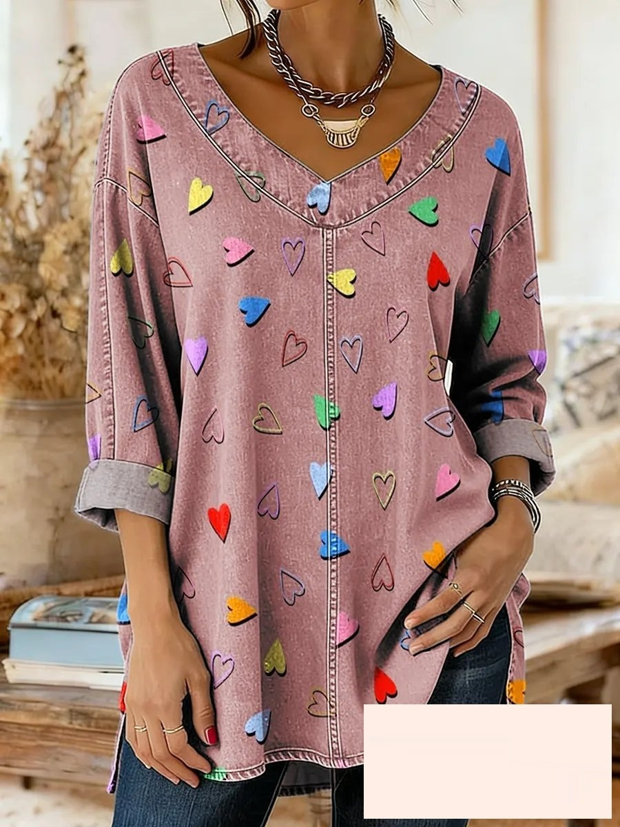 Retro Botanical Print Relaxed-fit Long-sleeve Casual Top