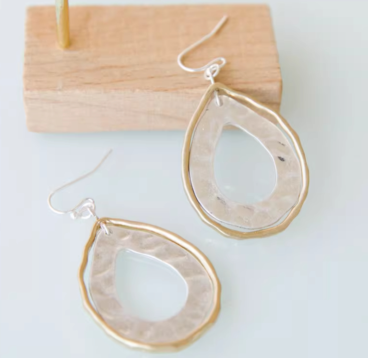 Womens Minimalist Feng Shui Drop-Shape Metal Double-Layer Earrings With Water Ripple Design