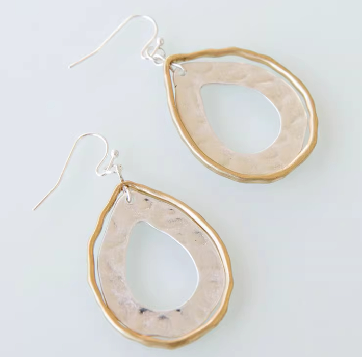 Womens Minimalist Feng Shui Drop-Shape Metal Double-Layer Earrings With Water Ripple Design