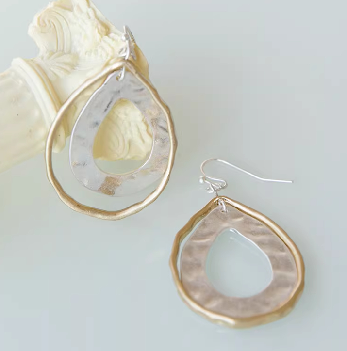 Womens Minimalist Feng Shui Drop-Shape Metal Double-Layer Earrings With Water Ripple Design