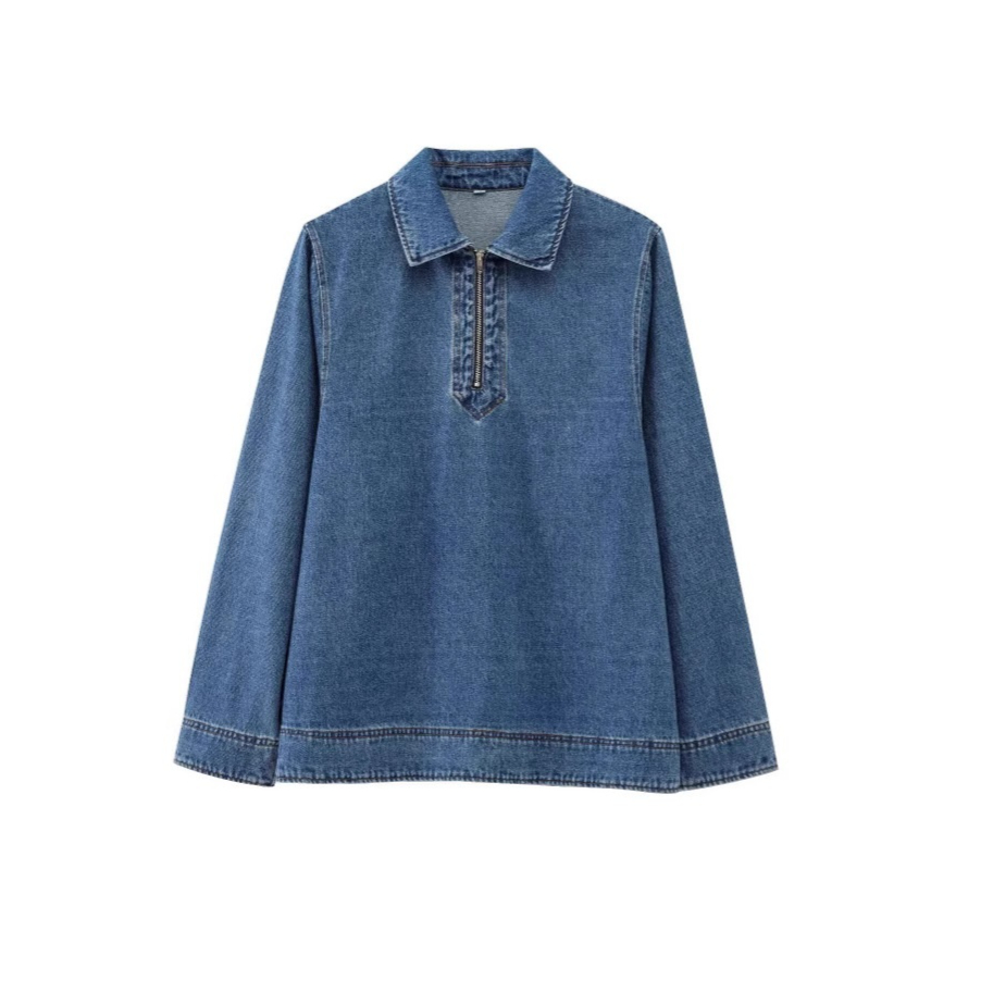 Womens Designer Zip-Up Denim Shirt Top