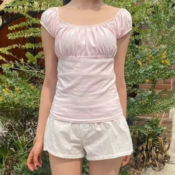 Womens Short-sleeve Top With A Round Neck And Puffed Sleeves